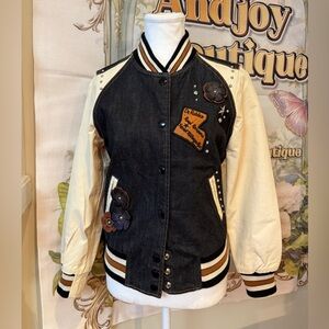 Coach Black Denim & Cream Leather Jacket with Brown Appliqués